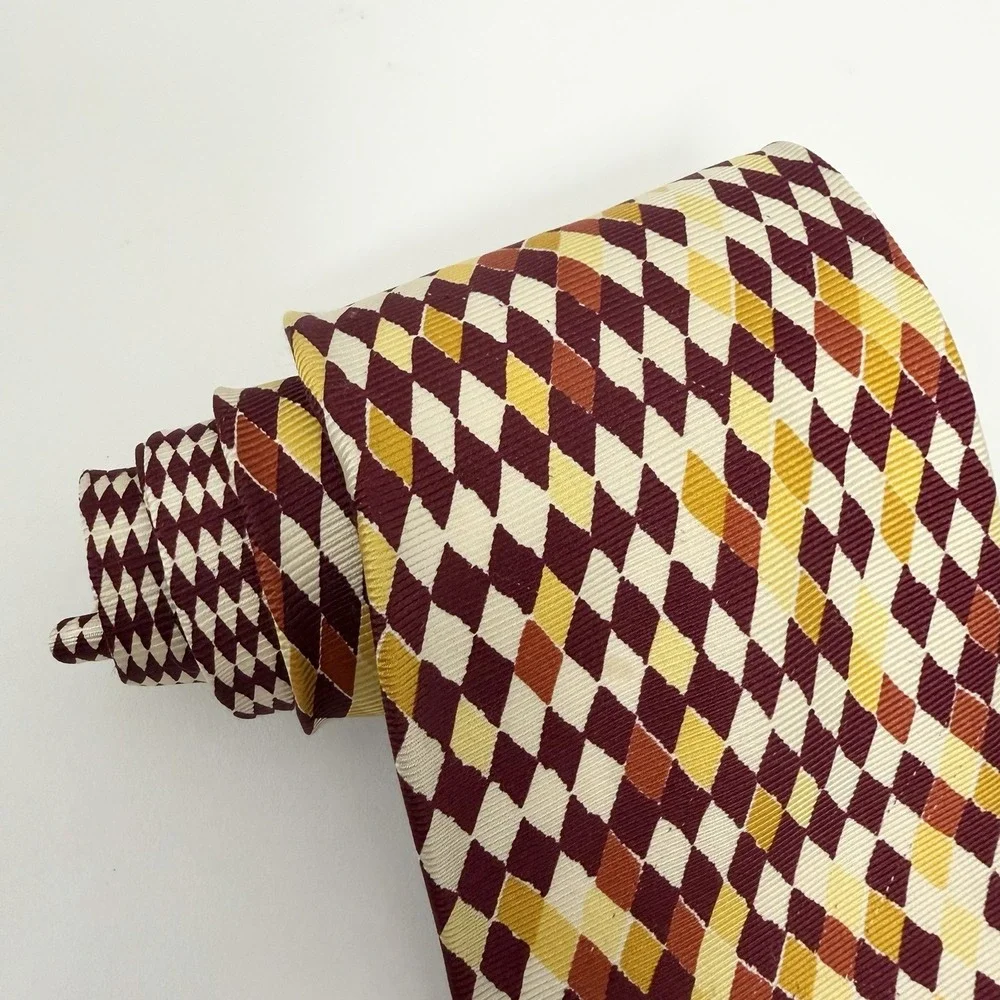 Gianni Versace Men's Tie Burgundy/Cream/Yellow Checkered Silk 3 7/8